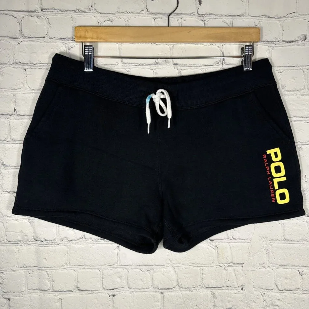 Polo Ralph Lauren Jersey Shorts Mens L Navy‎ Blue Fleece Spell Out Logo Sweat